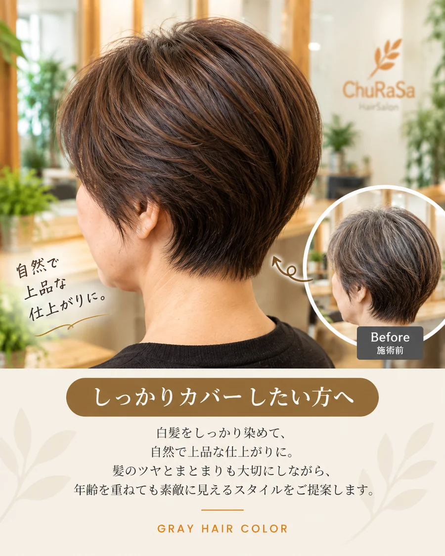 四條畷市 HairSalon ChuRaSa 白髪染めで白髪をしっかりカバーしたショートヘアの仕上がりイメージ