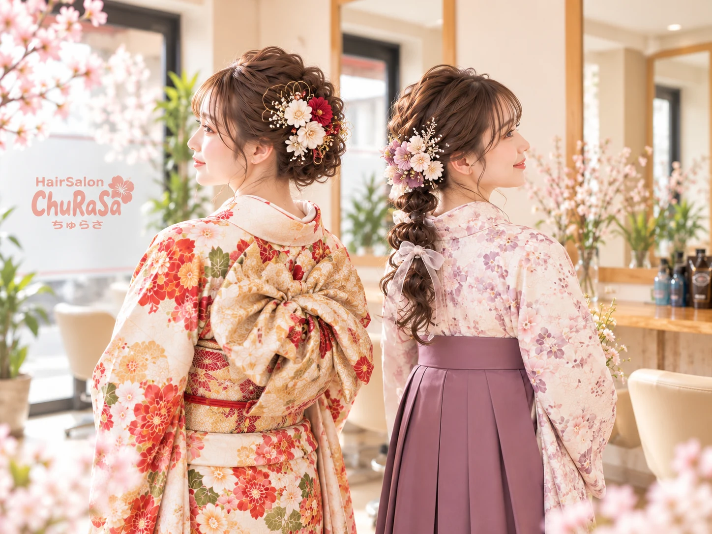 成人式の振袖ヘアと卒業式の袴ヘアを後ろ姿で紹介するイメージ