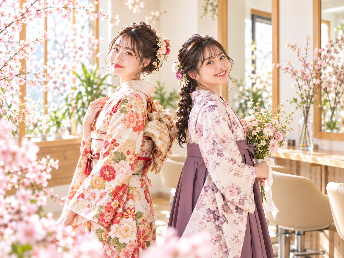成人式の振袖姿と卒業式の袴姿の女性が並ぶHairSalon ChuRaSaのイメージ写真