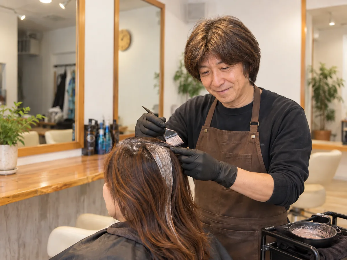 HairSalon ChuRaSaでスタイリストがお客様の髪をカラー施術しているイメージ