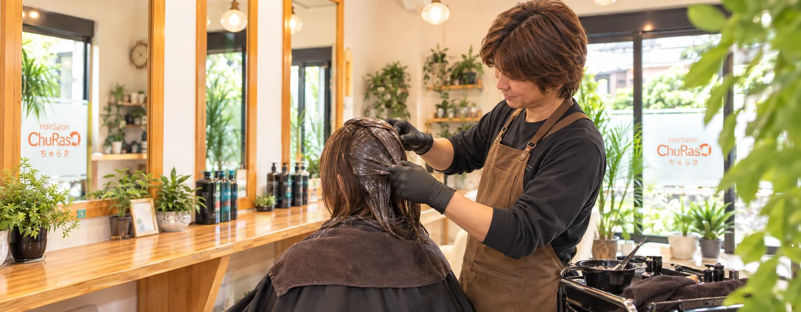 四條畷市・忍ヶ丘 HairSalon ChuRaSaでヘアカラー施術を行うスタイリスト