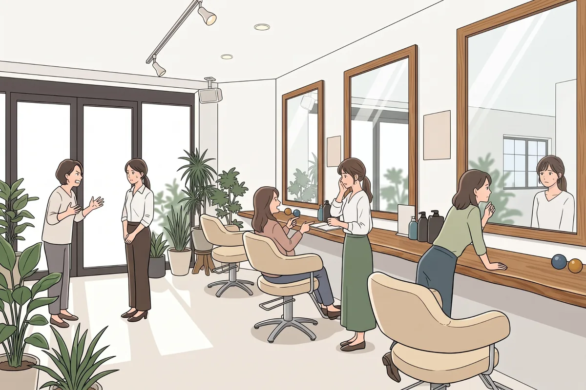 四條畷市・忍ヶ丘 HairSalon ChuRaSaのカスタマーハラスメント方針を表す美容室内イラスト