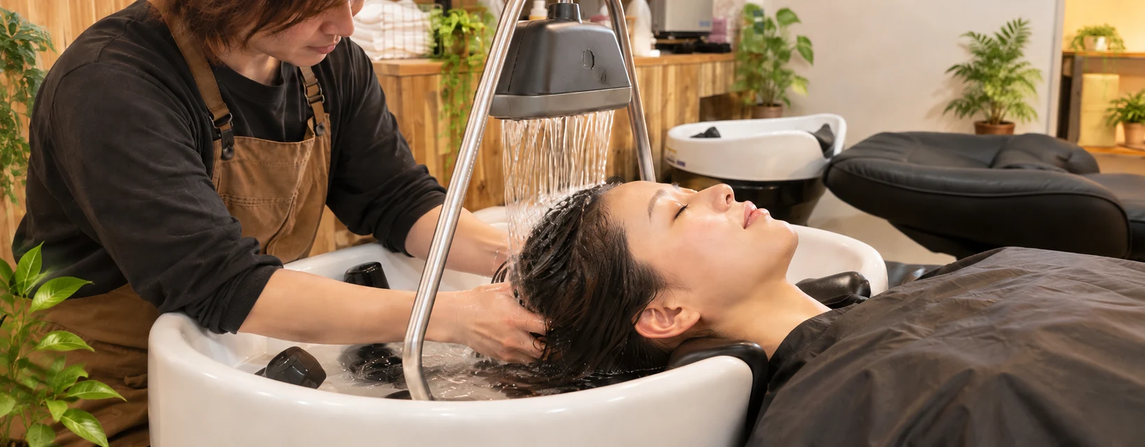 四條畷市のHairSalon ChuRaSaで頭浸浴を取り入れたヘッドスパ施術を行う様子